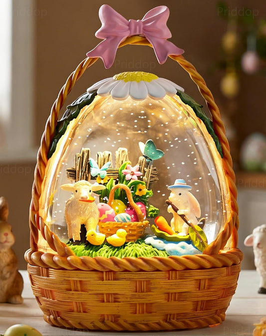 Priddop Easter Bunny Snow Globe | 9.5-Inch Glittering Tabletop Decoration with Timer