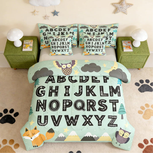 Feelyou Alphabet Kids ABC Learning Comforter Set Twin Size 7 PCS Cute Fox Bedding Set Kids Boys Girls Educational Art Bed in a Bag with Comforter & Sheets Sets & Cushion Covers Animals Bedroom Decor