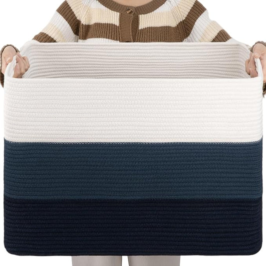 OIAHOMY 108L Large Cotton Rope Basket, Rectangle Woven Baskets for Storage, Nursery Blanket Storage Living Room, Toy Basket With Handle-25”x16”x16”-Gradient Blue