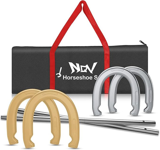 NQV Horseshoe Outdoor Game Set ?“Horse Shoe Game Kit,Sports Horseshoes Sets, Includes 4 Steel Horseshoes, 2 Metal Stakes & Carry Bag ??Perfect for Lawn, Backyard, or Tailgating