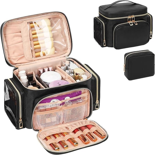 Makeup Bag, 2PCS Leather Large Travel Makeup Bag, Portable Waterproof Makeup Bag Organizer for Women with Makeup Brush Compartment, Cosmetic Travel Bag Vertical Storage Toiletry Bag, Black