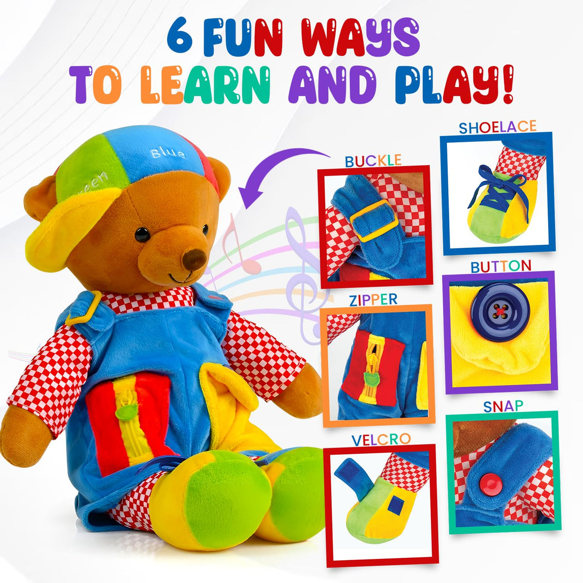 Bundaloo Talking Learning Dress-Up Bear for Toddlers – Educational Plush Toy that Talks & Sings ABCs, Zipper Button Shoelace Buckle Skills, 18” Life-Size Sensory Stuffed Animal for Preschool Kids