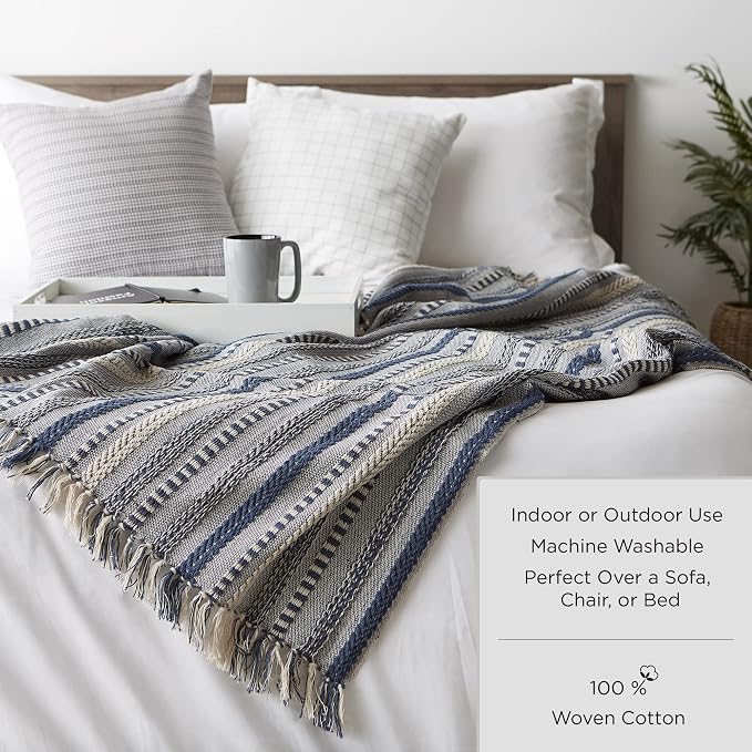 DII Buffalo Check Collection Rustic Farmhouse Throw Blanket with Tassels, 50x60, Tri Color, Stone