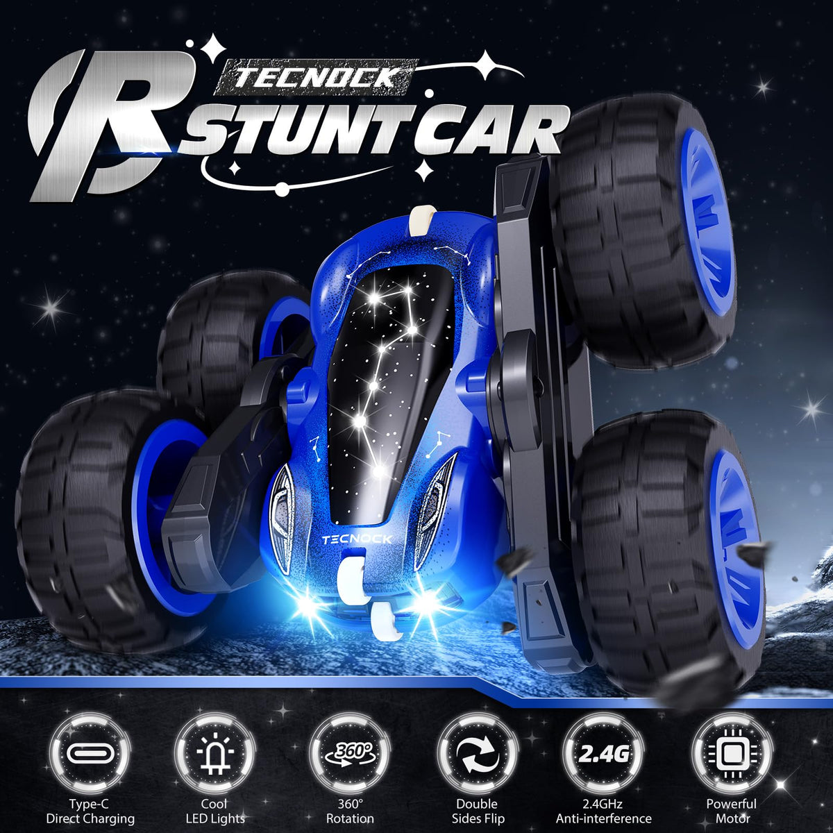 Tecnock Remote Control Car, 2.4GHz RC Cars with USB-C Easy Charging, 4WD Double Sided 360° Rotates and Flips RC Stunt Car, Toys Gift for Boys and Girls Ages 6-8, 8-12
