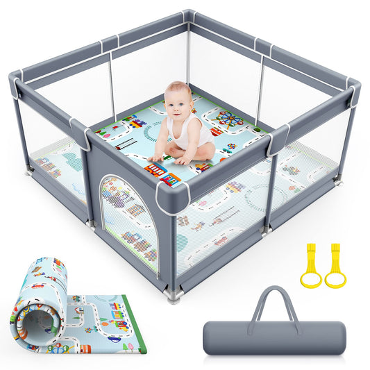 VANCLE Baby Playpen with Mat 50x50 Inch, Playpen for Babies and Toddlers, Playard for Kids Safety Play Yard Indoor & Outdoor Baby Fence Activity Center (50"x50", Gray)