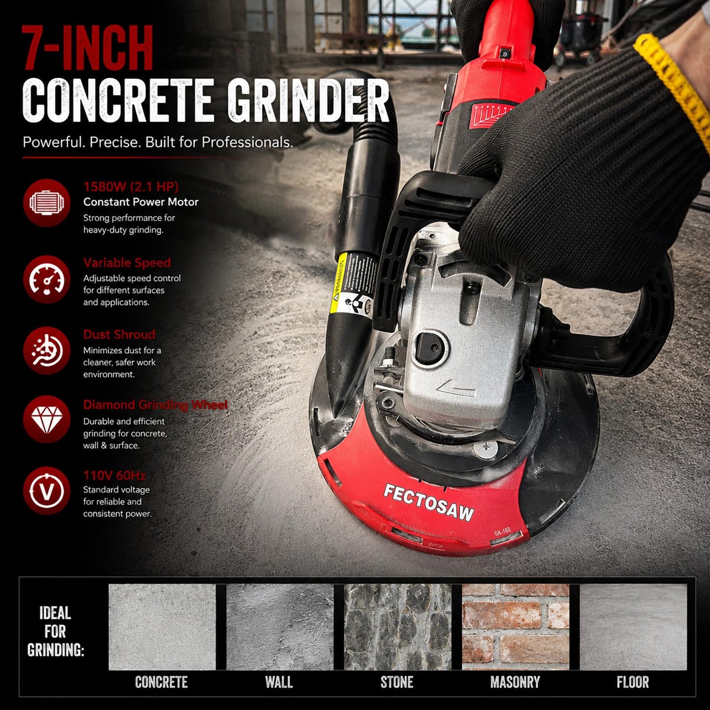 FECTOSAW 7-Inch Concrete Grinder,1580W (2.1 HP) Constant Power Motor, Variable Speed Electric Floor Polisher with Dust Shroud & Diamond Grinding Wheel for Concrete, Wall & Surface Grinding
