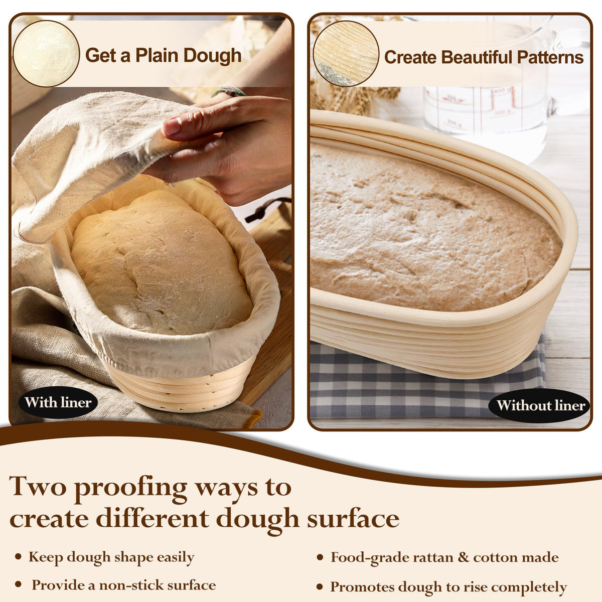 P&P CHEF Sourdough Bread Proofing Basket Set of 2, 10 Inch Oval Dough Proofing Bowls, Sourdough Bread Baking Supplies for Bakers, Handmade Rattan Baskets with Cloth Liner