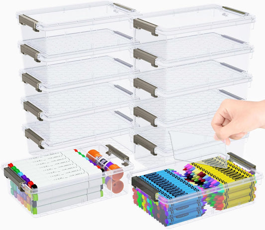 Skiennix Extra Large Pencil Box - Removable Divider & Stackable Design | 12 Pack Clear Organizer (Grey)
