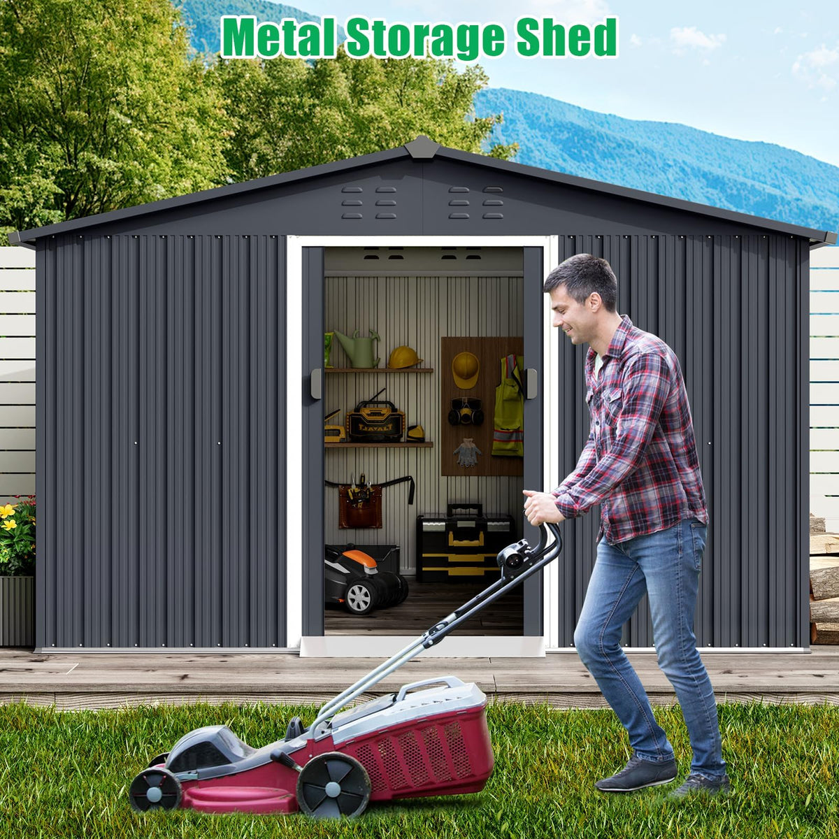 10x12 FT Outdoor Metal Storage Shed with Lockable Door - Large Waterproof Galvanized Steel Shed, Pitched Roof & Vents for Tools, Lawn Mower, Bike, Garbage Cans, Backyard, Garden (Grey)