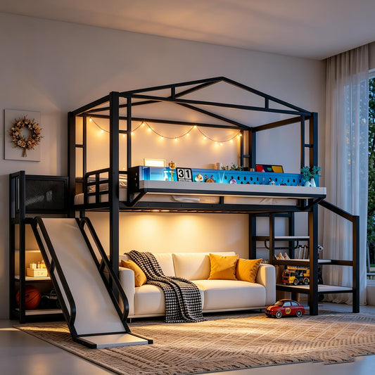 Bellemave Twin Size Metal House Loft Bed with Slide and Stairs,Heavy Duty Playhouse Loft Bed Frame with Shelves,LED Lights and Charging Station for Kids,Teens,Adults,Black