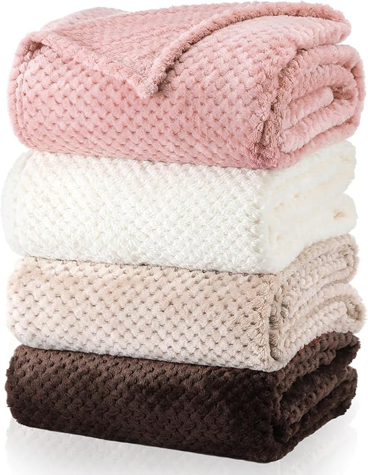 Newwiee 4 Pcs Flanne Fleece Throw Blanket for Bed Couch Large 3D Waffle Textured Soft Blanket Winter Warm Lightweight No Shedding No Pilling Decorative Throw, 50x60 Inch(Graceful Color)