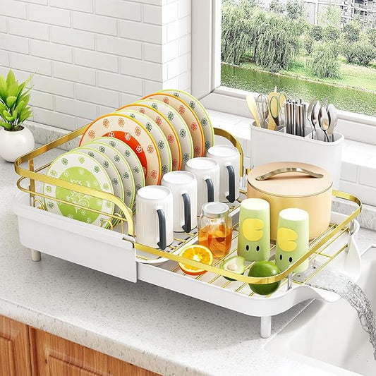 SAYZH Dish Drying Rack - Expandable Dish Rack for Kitchen Counter, Rust-Resistant Dish Drainer with Utensil Holder and Raised Guardrail, Kitchen Organizer for Cup and Bottle (Gold)