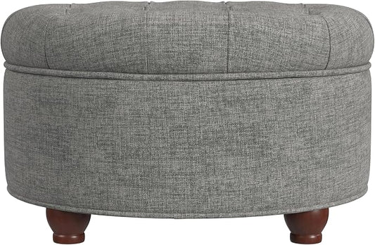 Homepop Home Decor |Button Tufted Woven Round Storage Ottoman | Ottoman with Storage for Living Room & Bedroom (Gray Woven)
