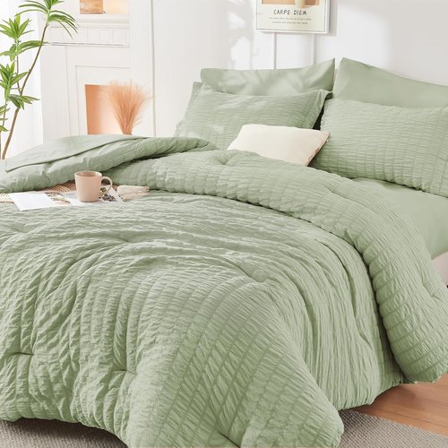 HYMOKEGE California King Comforter Set - Light Green Seersucker 7-Piece Luxury Bedding Set