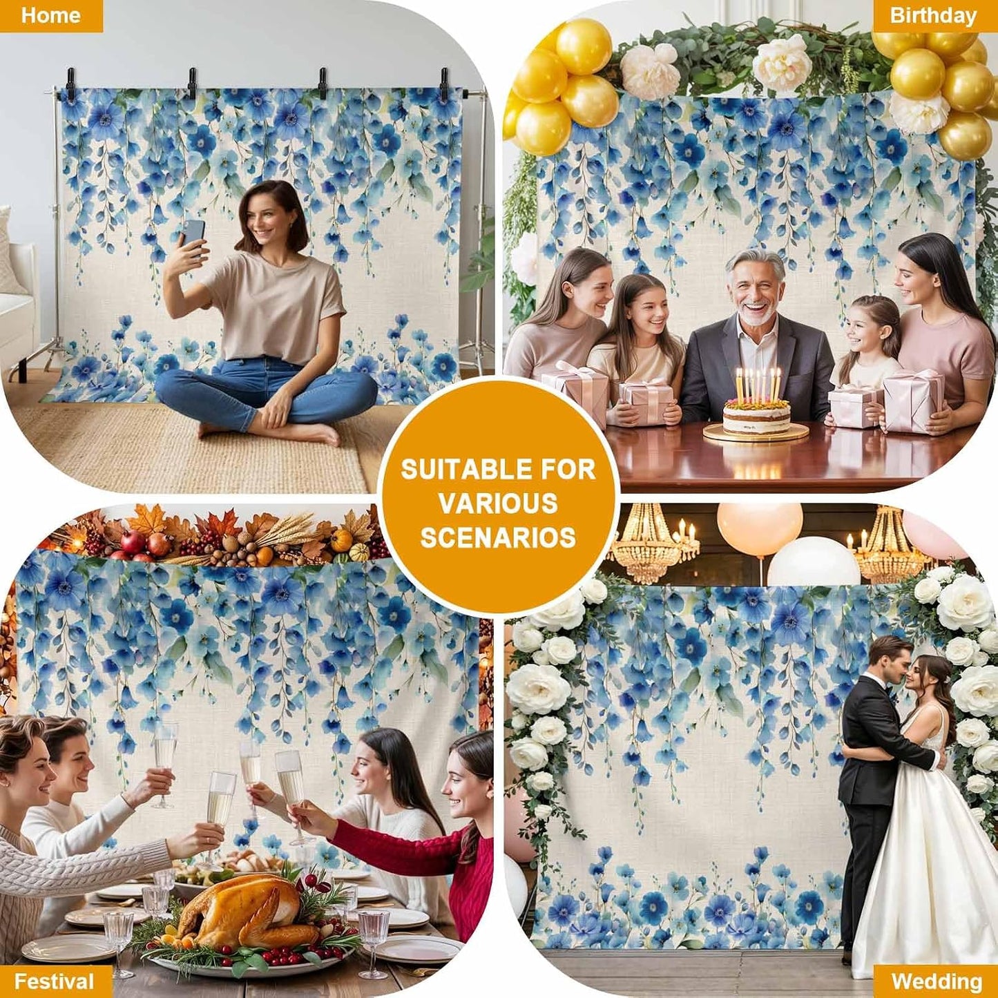 Znujuabbrel 12x8ft Props,Country Photography Backdrop,Retro Blue Flowers on Jam Professional Photo Backdrops