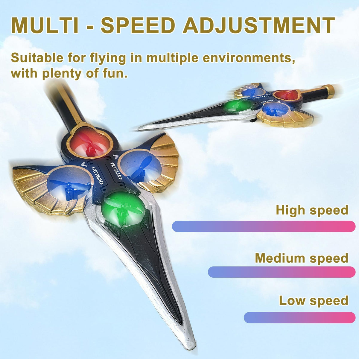 Virellia Flying Sword RC Airplane, Gesture Control Airplane for Kids Adult 8-16, Remote Control Drone Sword with Light, 360° Flip, Gravity Sensing, Stunt Roll, Gifts for Kids Boys Girls, Gold