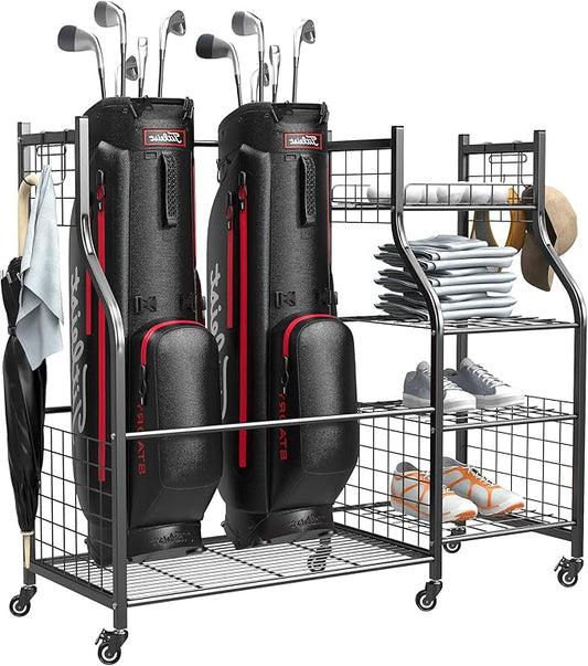 Ultrawall Golf Storage Organizer, Golf Bag Storage Stand for Garage, Golf Equipment Rack with Wheels Fits 2 Golf Bags and Golf Equipment Accessories