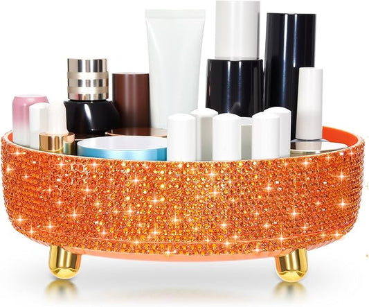Honeydak Orange Bling Perfume Makeup Organizer Bling Mother's Day Nurses Day Gifts for Women Bathroom Organizers and Storage 360 Rotating Makeup Organizer for Countertop(Resin Stone)