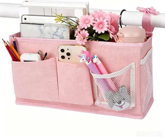 Lilithye Bedside Caddy Bedside Organizer Bedside Storage Caddy with Fixed Straps and Water Bottle Holder for Home College Dorm Bunk Bed Hospital Bed Crib Bed Rails (New Pink-1)