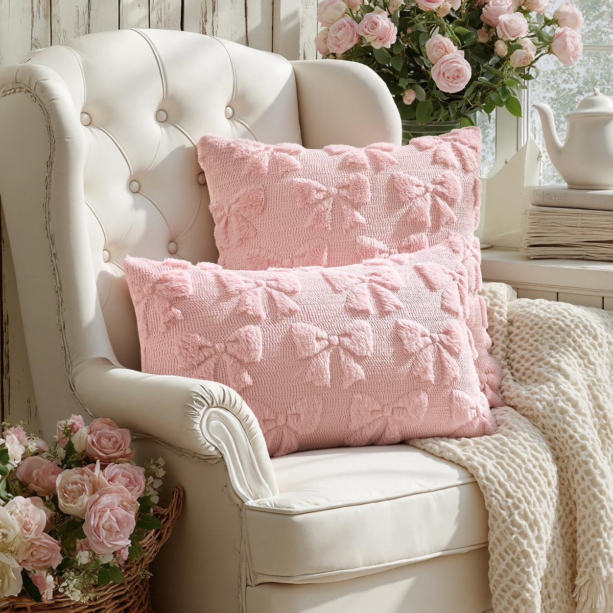 MIULEE Light Pink Bow Pillow Covers Coquette Room Decor Aesthetic Set of 2 Spring Decorative Cute Girl Soft Plush Faux Pillowcase for Preppy Room Decor Bedroom Couch,20x20 Inch