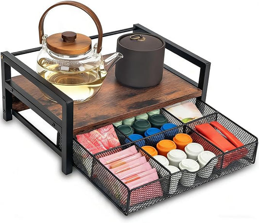 Tea Bag Organizer Holder, Wood Tea Box Organizer with 6 Compartments Storage Drawer, Rustic Brown Tea Station Chest, Countertop Display Storage Container Box for Kitchen Tea Station Chest