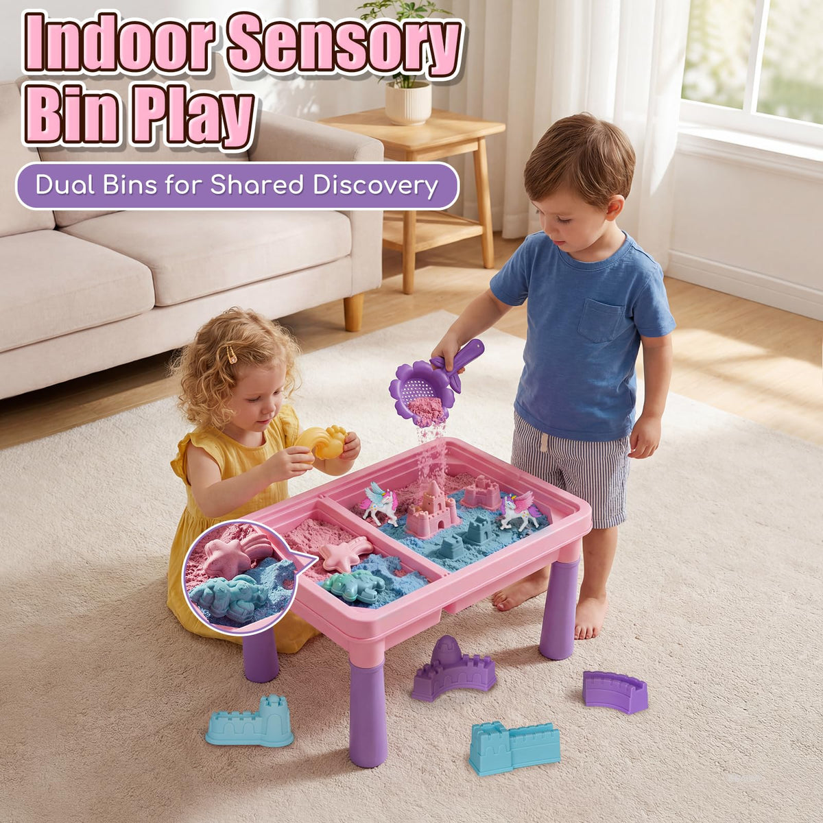 Lehoo Castle Unicorn Sensory Table with Sand, Indoor Outdoor Sand Table with Lid for Toddlers Kids, Upgraded Adjustable Legs, Red & Blue Play Sand Art Kit, Preschool Learning Activities Gifts