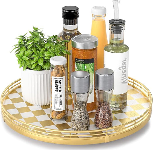 Premium Rubber Wood Lazy Susan Turntable, Gold White Checkerboard Decorative Serving Tray, Hand-Welded Metal Railing, Stable Rotating Organizer for Dining Table, Kitchen Counter, Coffee Table Decor