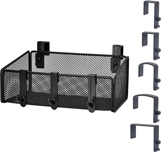 JDYOOMI Bedside Caddy Shelf Hanging Storage Basket for Bunk Bed, Office Cubical Walls, Baby Rails, College Dorm Organizer - 5 Pairs Sized Hooks for Phone, Glass, Magazine, Decor (Black)