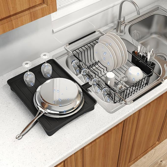 MAJALiS Dish Drying Rack Over The Sink with Utensil Holder, Drainboard | Expandable Stainless Steel Dish Drainer for Small Kitchen, Apartment, RV, Counter Space Saving, Perfect Fit, Rustproof