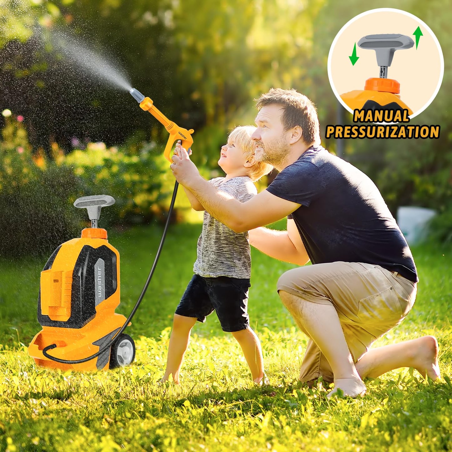 Kids Clean Car - Kids Car Washer Toys with Scraper Sponge Towel - Toddler Pretend Playing Tools Car Wash Gun Manual Pressure - Role Playing Toy Gift for Boys Girls