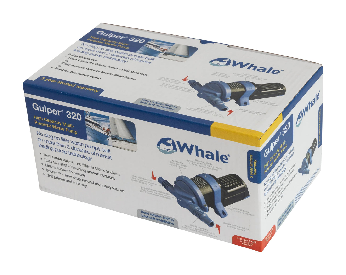 Whale Gulper 320 (12V) High Capacity Graywater Waste Pump, 5 GPM, Handles Waste From Multiple Drains - No Filters, Non Clog, BP2052