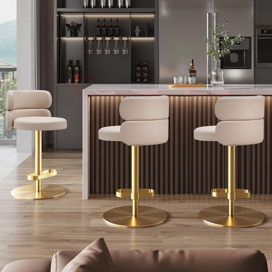 CAROCC Fireproof Leather Swivel Bar Stool Adjustable Airlift Counter Height Bar Stool Kitchen Dining Cafe Hydraulic Bar Chair with Padded Back，Gold Chromed Metal Base (1PCS Khaki)