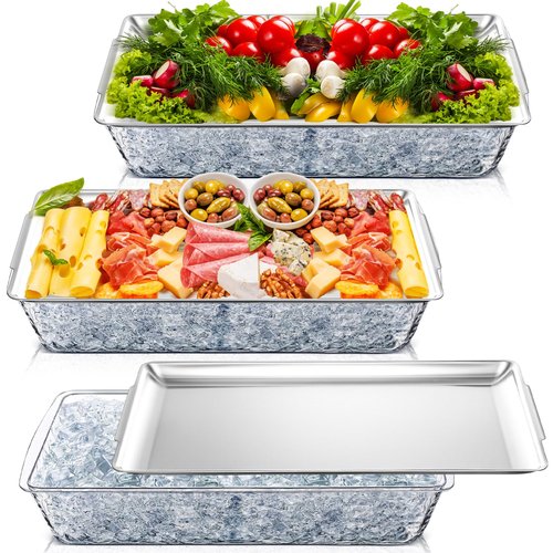 Baderke 3 Set 16" x 9'' Chilled Serving Tray for Parties with Compartments Rectangle Serving Dish Ice Charcuterie Party Platter for Shrimp Fruit Seafood Vegetable Appetizer (Silver)