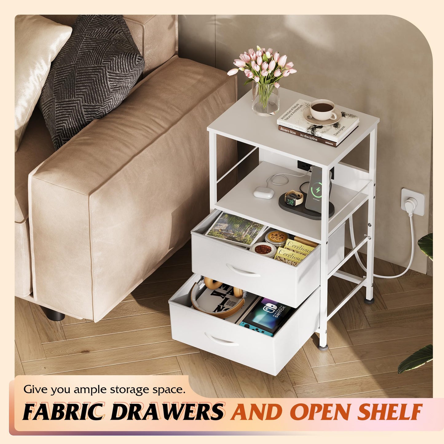 WLIVE White Night Stand Set of 2 with Charger Station, LED Nightstand with 2 Fabric Drawers and Storage Shelf, Bedside Tables with 3 USB Ports and 2 Outlets, Small Dresser for Bedroom,Small Space