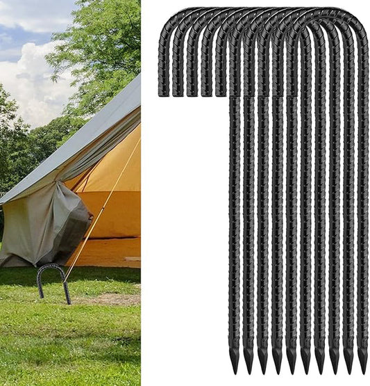 Black Rebar Stakes 12inx6mm Galvanized J Hook 10pcs – Heavy Duty Ground Tent Stakes for Fence,Bounce House,Outdoor Plants,Artificial Turf,Dog Coop,Metal Stakes for Christmas Decorations