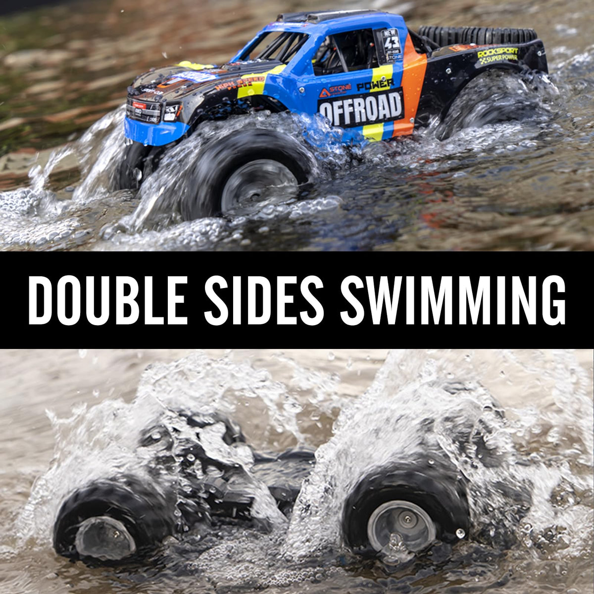 KB KAIBO Q205 1:12 Large Amphibious Remote Control Car - Waterproof RC Monster Truck with Waterproof Controller & 2 Modular Batteries for 60+ Min Play, 7.4V 4WD All Terrain Toy for Kids Adults-Blue