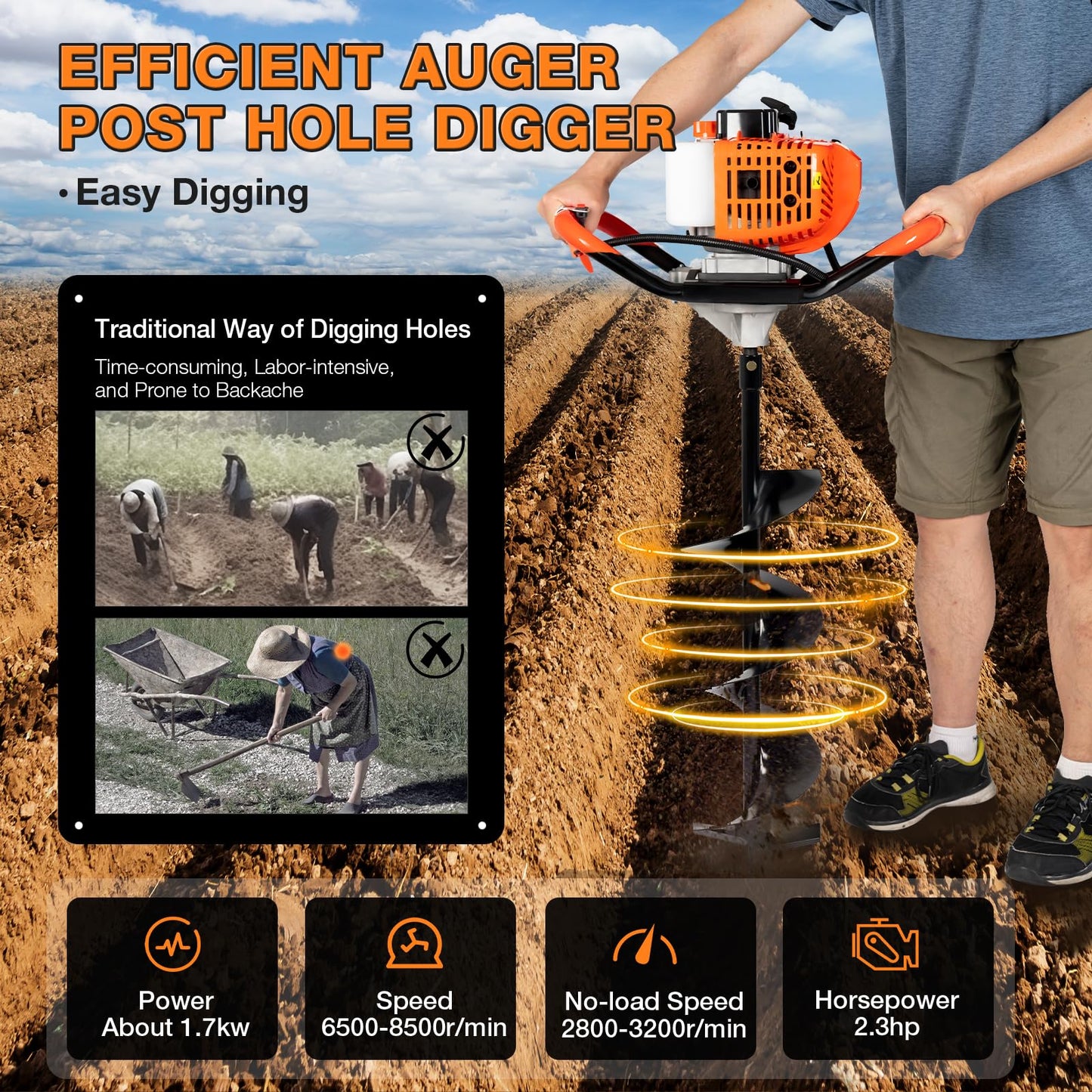 FUJAOPS 52CC Gas Powered Post Hole Digger, 2.3HP 2-Stroke Earth Auger with 3 Auger Bits (4", 6", 8") and Extension Rod, Anti-Vibration Gas Auger Post Hole Digger for Fence Building, Tree Planting