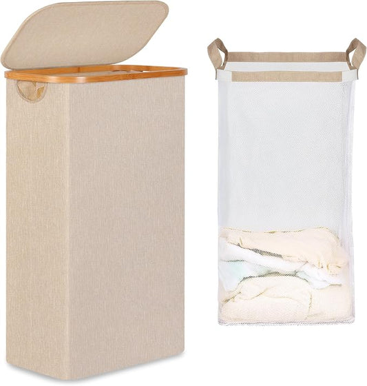 iEGrow 65L Slim Laundry Hamper, Narrow Laundry Basket with Lid,Foldable Clothes Hamper with Bamboo Handles,Hamper Basket with Removable Inner Bag for Laundry Room Bedroom College Dorm,Oatmeal
