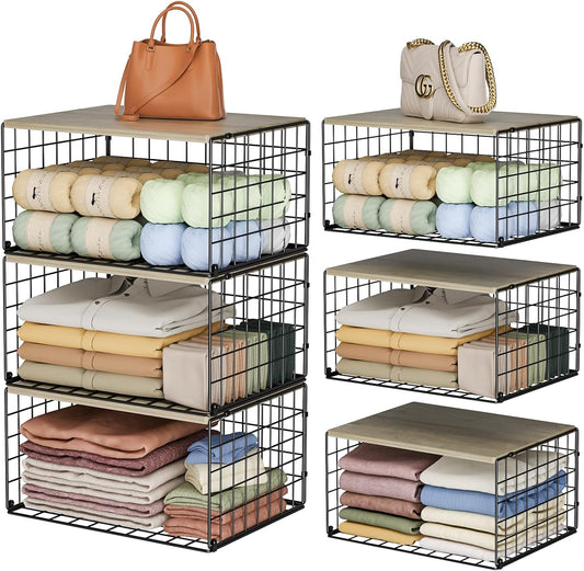 Sturdy Metal Closet Organizers by [Brand Name] - Extra-Long Stackable Storage Bins | Space-Saving Black Design, 3 Pack