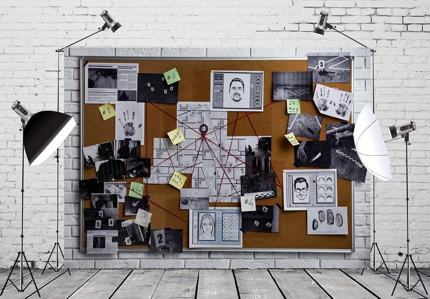 BELECO 5x4ft Fabric Spy Theme Detective Photography Backdrop Detective Board with Crime Scene Photos Fingerprint Clues