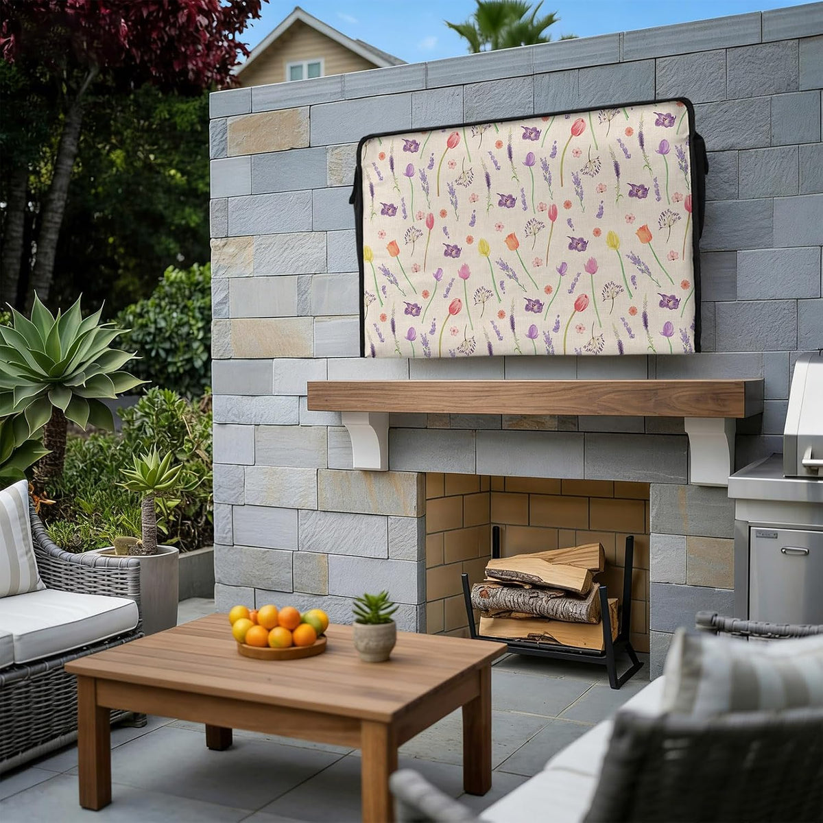 EZON-CH 40-43 inch Outdoor TV Cover Vase Tulip Lavender Florals Plants Weatherproof TV Screen Protector Outdoor TV