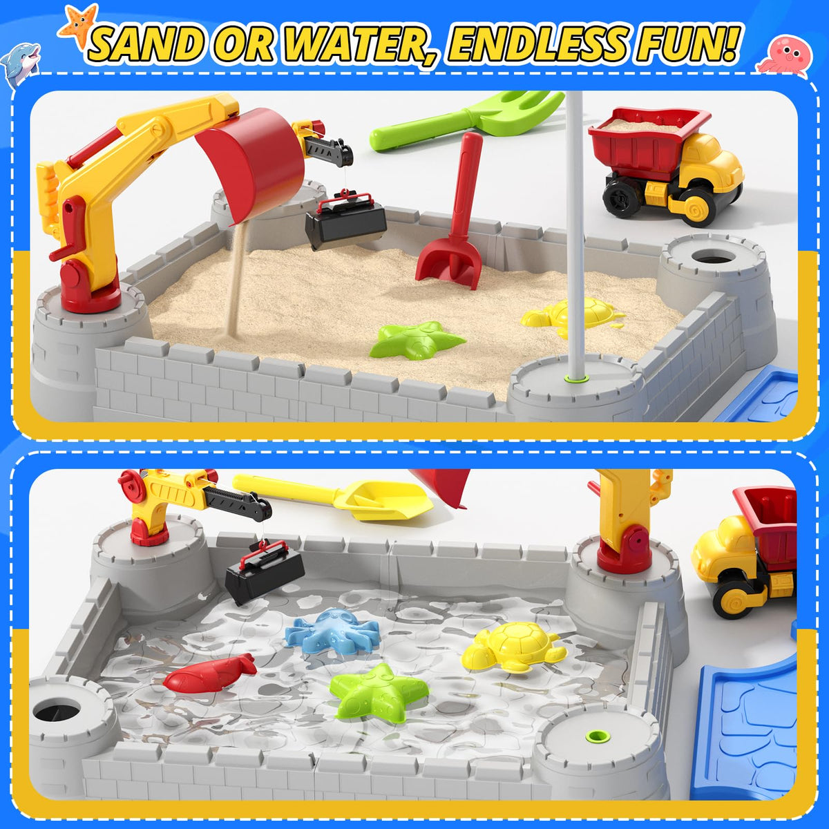 HYES Sandbox with Lid, Digger Excavator Plastic Sand Box with Cover, Play Sand Pit with Construction Toys/Umbrella/Beach Playset for Toddlers 1-3, Indoor Outdoor Sensory Gift for Kids Ages 4-8