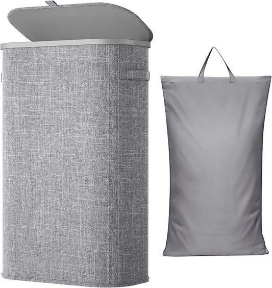 Lifewit Slim Laundry Basket with Lid, Narrow Large Laundry Hamper with Plastic Handles and Removable Bag, Tall Foldable Dirty Clothes Hampers for Laundry Room, Bedroom, Bathroom, Dorm, 65L Gray