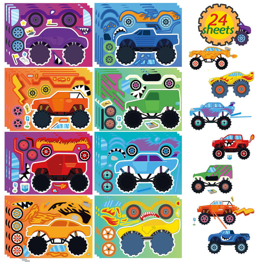 24 Sheets Monster Truck Sticker, Monster Truck Party Favor, Make Your Own Stickers Cartoon Car Make-a-face Stickers Classroom Activities Birthday Gift for Girls Boys