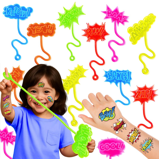 48PCS Hero Pow Party Favors - 24PCS Temporary Tattoos & 24PCS Stick Hands Party - Perfect Birthday Party Supplies, Goodie Bag Stuffers, Treasure Box Toys, Classroom Prizes, and Student Gifts