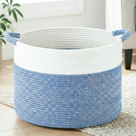 Artfeel 40L Large Cotton Rope Basket, Decorative Woven Blanket Storage for Living Room, Boho Toy Storage & Toy Box for Kids, Versatile Laundry Basket & Nursery Hamper for Blankets(DenimBlue)