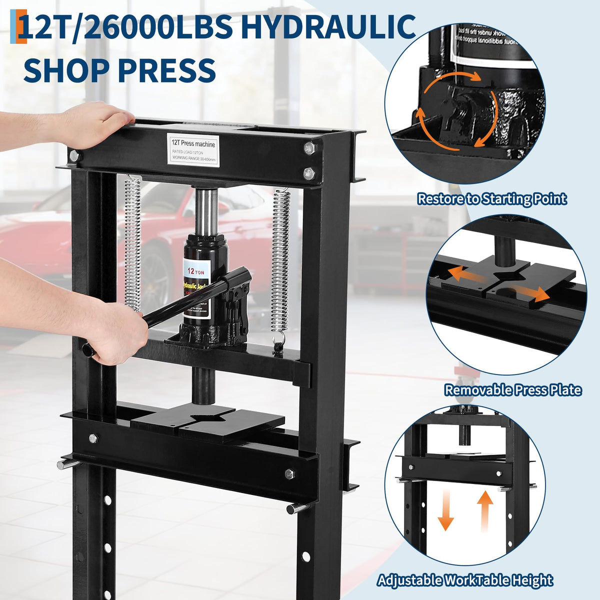 12 Ton H Frame Hydraulic Shop Press,Heavy Duty Garage Floor Press with Adjustable Height Stamping Plates,Built in Relief Valve for Bending Straightening Bearings u Joints Car Repair Professional Use