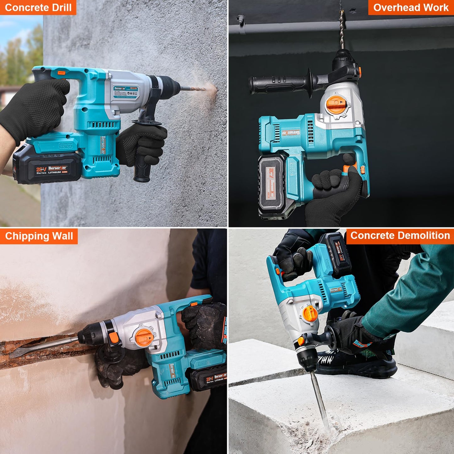 Berserker 20V Cordless 1-1/8" Rotary Hammer Drill SDS-Plus Brushless Motor included 2X4.0Ah Li-ion Battery with Dual Kickback Control,3.0A Fast Charger,4 Mode Variable Speed Rotomartillo for Concrete