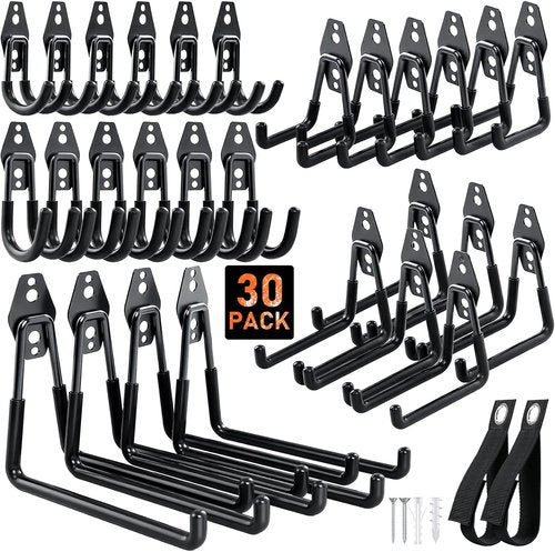 Housolution Steel Garage Hooks - Heavy Duty Wall Mount Organizer for Bikes, Tools & Ladders - 30 Pack, Black