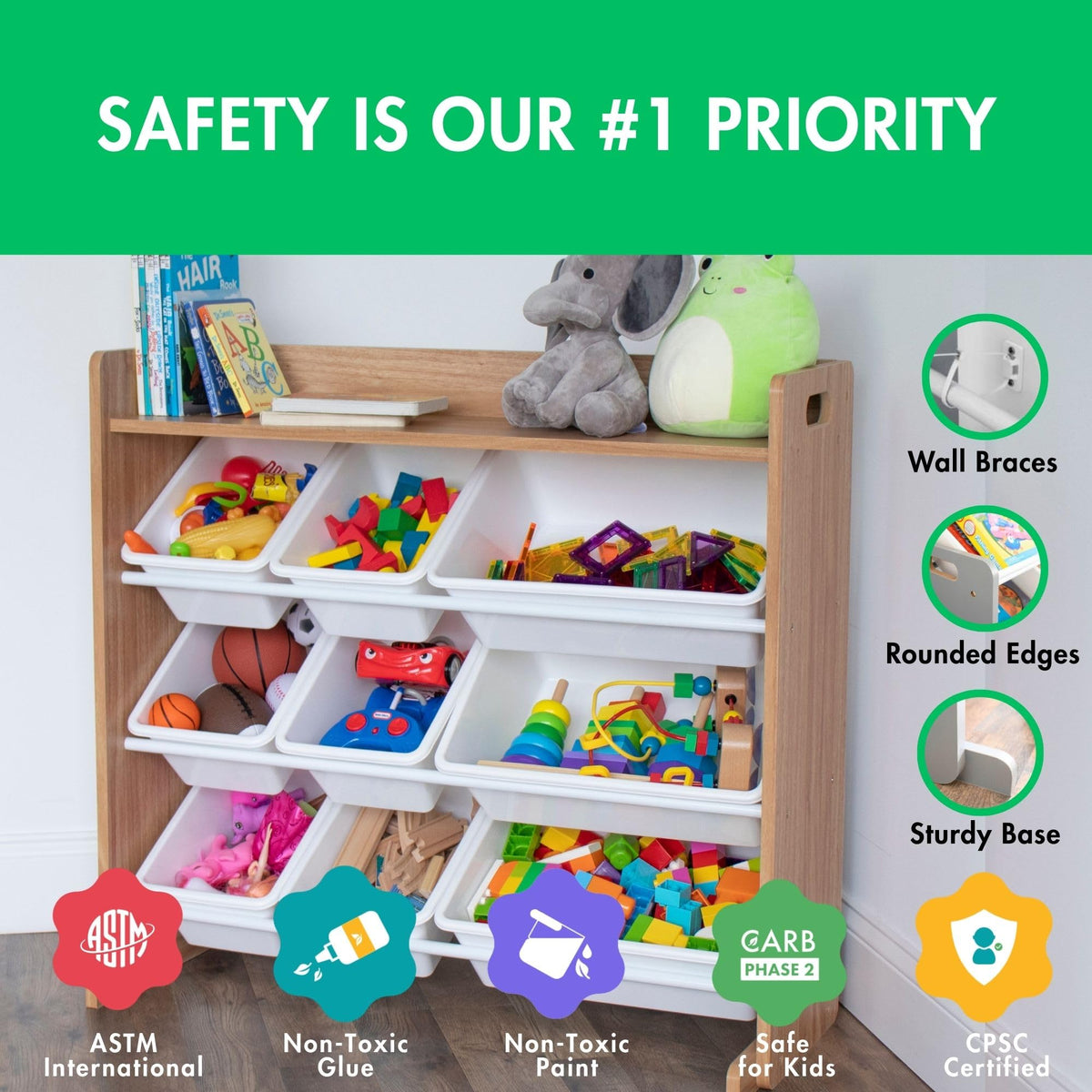 Humble Crew Toy Storage Organizer with Top Shelf and 9 Removable Bins, Natural/White – Toddler Bookshelf with Toy Organizer - Modern Toy Rack Ideal for Kids' Rooms, Playrooms, and Nurseries